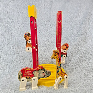 Vintage 1963 Fisher-Price Junior Circus 4 Wooden Animal Figures 2 Ladders w Base